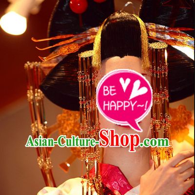 Traditional Japanese Geisha Black Long Wig and Hair Jewelry