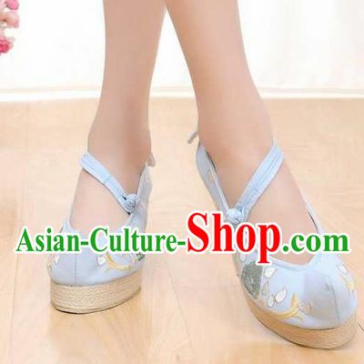 Chinese Traditional Classical Shoes Ancient Hanfu Shoes Blue Embroidered Shoes for Women