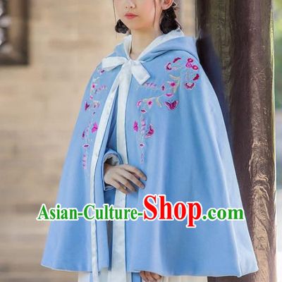 Traditional Chinese Ancient Princess Costumes Embroidered Blue Cloak for Women
