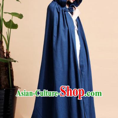Chinese Traditional Costumes Ancient Hanfu Navy Long Cloak for Women