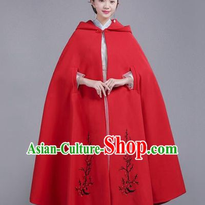 Chinese Traditional Costumes Ancient Hanfu Embroidered Red Woolen Cloak for Women