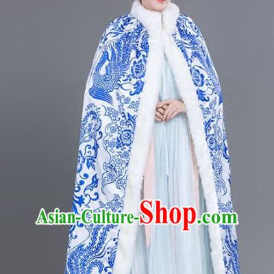 Chinese Traditional Costumes Ancient Princess Hanfu Blue Phoenix Cloak for Women