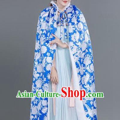 Chinese Traditional Costumes Ancient Princess Hanfu Thicken Blue Cloak for Women