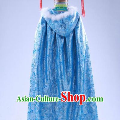 Chinese Traditional Costumes Ancient Qing Dynasty Princess Hanfu Blue Brocade Cloak for Women