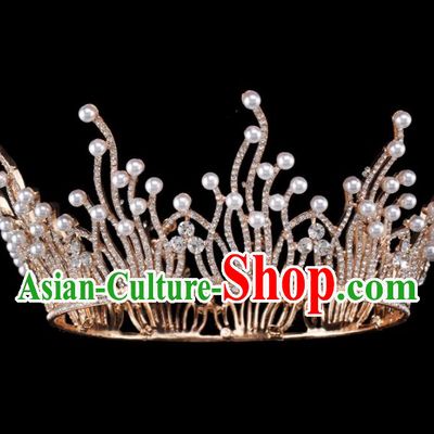 Baroque Style Bride Hair Accessories Queen Round Crystal Pearls Royal Crown for Women