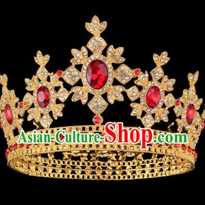 Baroque Style Bride Hair Accessories Princess Round Red Crystal Royal Crown for Women