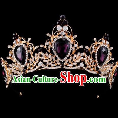 Baroque Style Bride Hair Accessories Queen Retro Purple Crystal Royal Crown for Women