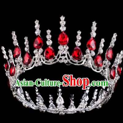 Baroque Wind Retro Hair Accessories Bride Red Rhinestone Round Royal Crown for Women