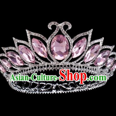 Top Grade Baroque Princess Retro Hair Accessories Bride Pink Crystal Round Royal Crown for Women