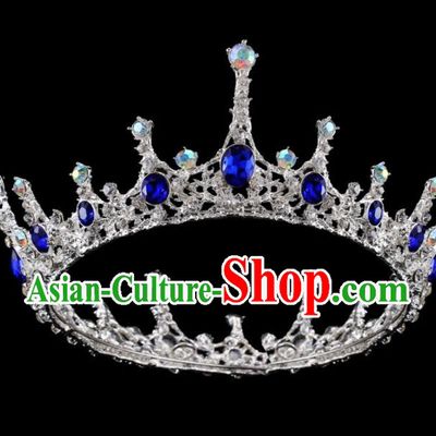 Top Grade Baroque Retro Round Royal Crown Bride Blue Crystal Wedding Hair Accessories for Women
