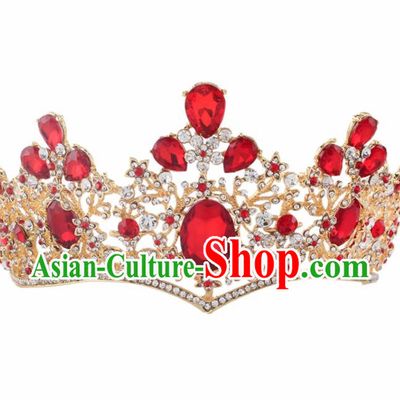 Top Grade Baroque Princess Retro Royal Crown Bride Red Crystal Wedding Hair Accessories for Women