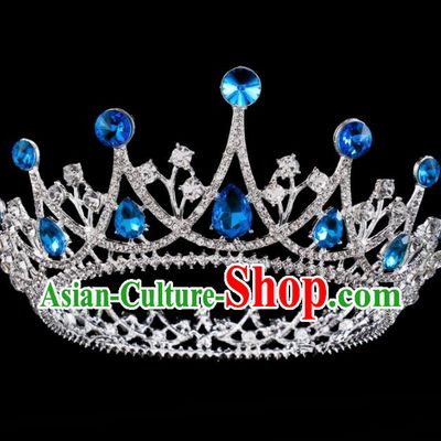 Baroque Wind Hair Accessories Bride Retro Blue Rhinestone Round Royal Crown for Women