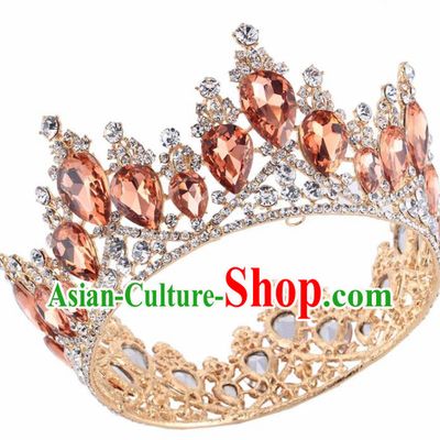 Top Grade Baroque Princess Retro Golden Round Royal Crown Bride Orange Crystal Wedding Hair Accessories for Women