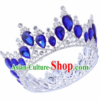 Top Grade Baroque Princess Retro Round Royal Crown Bride Blue Crystal Wedding Hair Accessories for Women