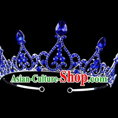 Top Grade Baroque Queen Blue Crystal Hair Clasp Royal Crown Bride Retro Wedding Hair Accessories for Women