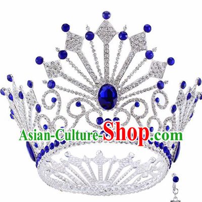 Top Grade Baroque Queen Blue Crystal Argent Royal Crown Bride Retro Wedding Hair Accessories for Women