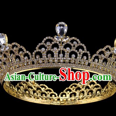 Top Grade Baroque Style Golden Round Royal Crown Bride Retro Wedding Hair Accessories for Women
