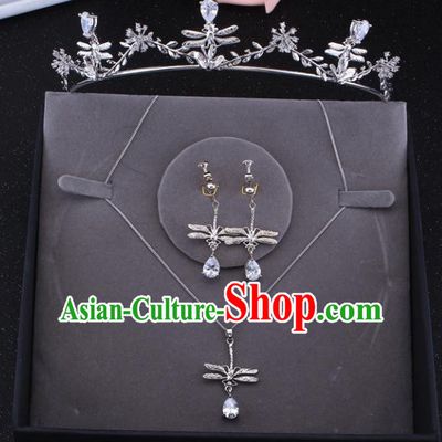 Top Grade Baroque Style Bride Jewelry Accessories Crystal Dragonfly Royal Crown Necklace and Earrings for Women