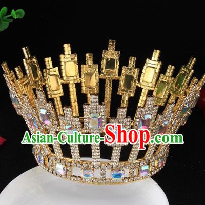 Top Grade Baroque Handmade Crystal Golden Round Royal Crown Bride Retro Wedding Hair Accessories for Women
