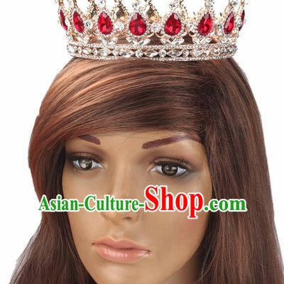 Handmade Wedding Red Rhinestone Royal Crown Baroque Queen Retro Hair Accessories for Women