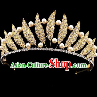 Handmade Wedding Queen Golden Leaf Royal Crown Baroque Retro Hair Accessories for Women