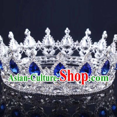 Handmade Wedding Bride Blue Rhinestone Hair Accessories Baroque Queen Retro Royal Crown for Women