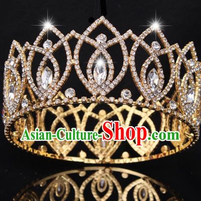 Top Grade Baroque Handmade Crystal Golden Royal Crown Bride Retro Wedding Hair Accessories for Women