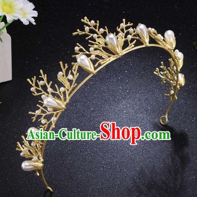 Top Grade Wedding Bride Pearls Hair Accessories Baroque Princess Retro Golden Royal Crown for Women