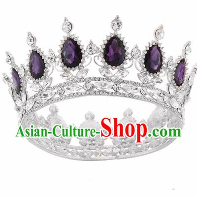 Top Grade Queen Retro Purple Rhinestone Royal Crown Baroque Wedding Bride Hair Accessories for Women