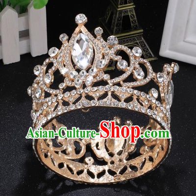 Top Grade Princess Rhinestone Round Golden Royal Crown Retro Baroque Wedding Bride Hair Accessories for Women