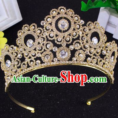 Top Grade Baroque Style Zircon Golden Royal Crown Bride Retro Wedding Hair Accessories for Women