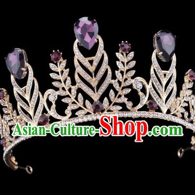 Handmade Top Grade Wedding Purple Crystal Royal Crown Baroque Princess Retro Hair Accessories for Women