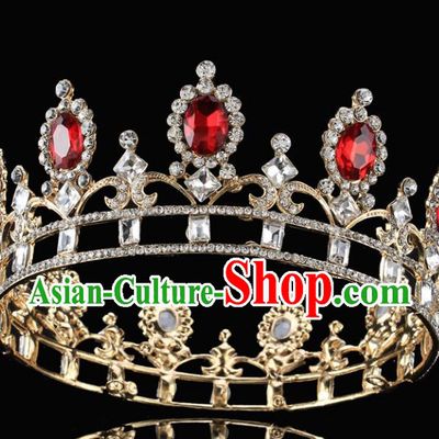 Handmade Top Grade Wedding Red Crystal Royal Crown Baroque Princess Retro Hair Accessories for Women