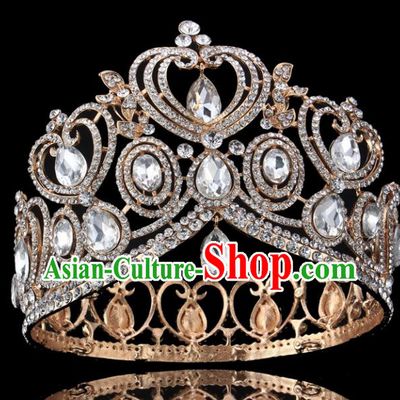 Top Grade Handmade Wedding Crystal Golden Royal Crown Baroque Retro Hair Accessories for Women