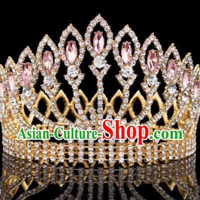 Top Grade Baroque Court Queen Pink Crystal Royal Crown Wedding Bride Hair Accessories for Women