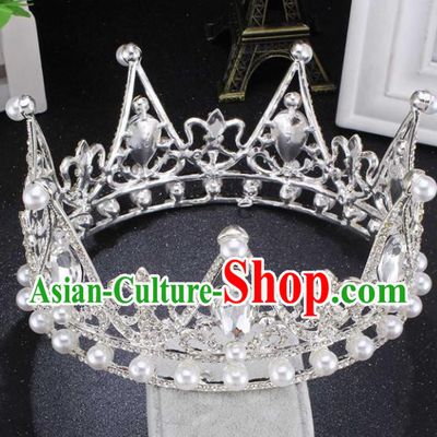 Handmade Bride Wedding Crystal Pearls Hair Jewelry Accessories Baroque Round Royal Crown for Women