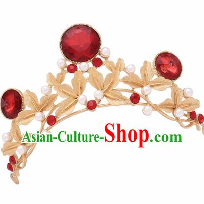 Handmade Bride Wedding Red Crystal Pearls Hair Jewelry Accessories Baroque Golden Royal Crown for Women