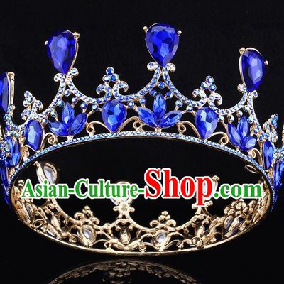 Top Grade Baroque Court Princess Blue Round Royal Crown Wedding Bride Hair Accessories for Women