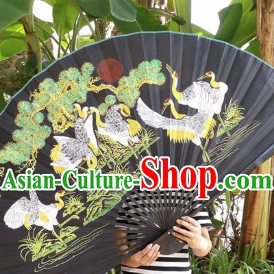 Chinese Traditional Black Silk Fans Decoration Crafts Handmade Printing Cranes Folding Fans