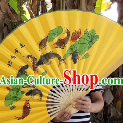 Chinese Traditional Yellow Paper Fans Decoration Crafts Handmade Painting Lotus Fishes Folding Fans