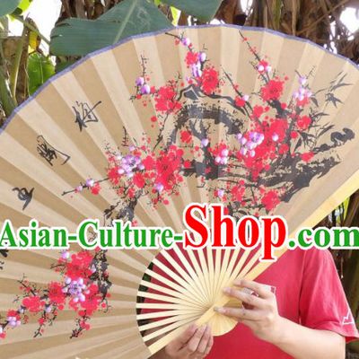 Chinese Traditional Paper Fans Decoration Crafts Handmade Painting Red Plum Blossom Wood Frame Folding Fans