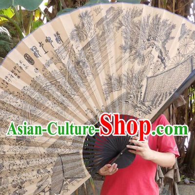 Chinese Traditional Handmade Paper Fans Decoration Crafts Printing Black Frame Folding Fans