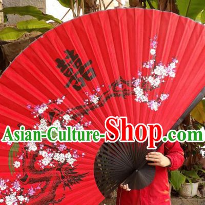 Chinese Traditional Handmade Red Silk Fans Decoration Crafts Ink Painting Plum Blossom Black Frame Folding Fans