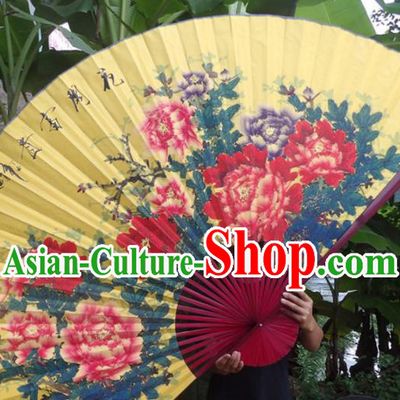 Chinese Traditional Fans Decoration Crafts Red Frame Hand Painting Peony Folding Fans Yellow Paper Fans