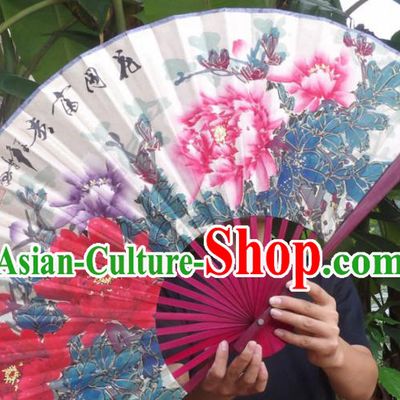 Chinese Traditional Decoration Crafts Red Frame Folding Fans Hand Painting Peony Flowers Paper Fans