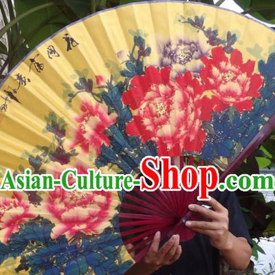 Chinese Traditional Fans Decoration Crafts Painting Wealth Peony Folding Fans Yellow Paper Fans