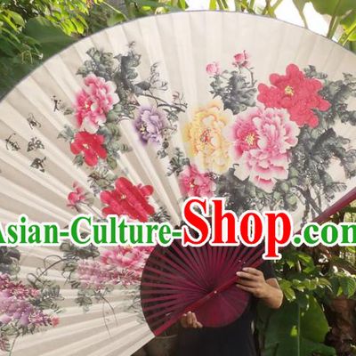 Chinese Traditional Fans Decoration Crafts Red Frame Ink Painting Peony Folding Fans Paper Fans
