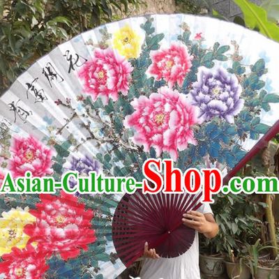 Chinese Traditional Fans Decoration Crafts Red Frame Hand Painting Peony Folding Fans Paper Fans