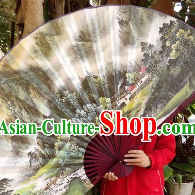 Chinese Traditional Fans Decoration Crafts Hand Painting Landscape Red Frame Folding Fans Paper Fans