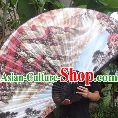 Chinese Traditional Fans Decoration Crafts Black Frame Ink Painting Mountain View Folding Fans Paper Fans